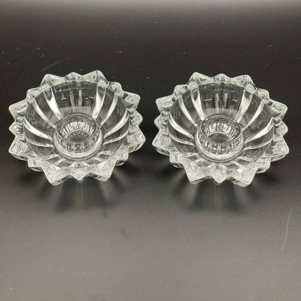 Libbey Canada Crystal Starburst Taper Candle Holders‎ X 2 Vintage Clear Glass